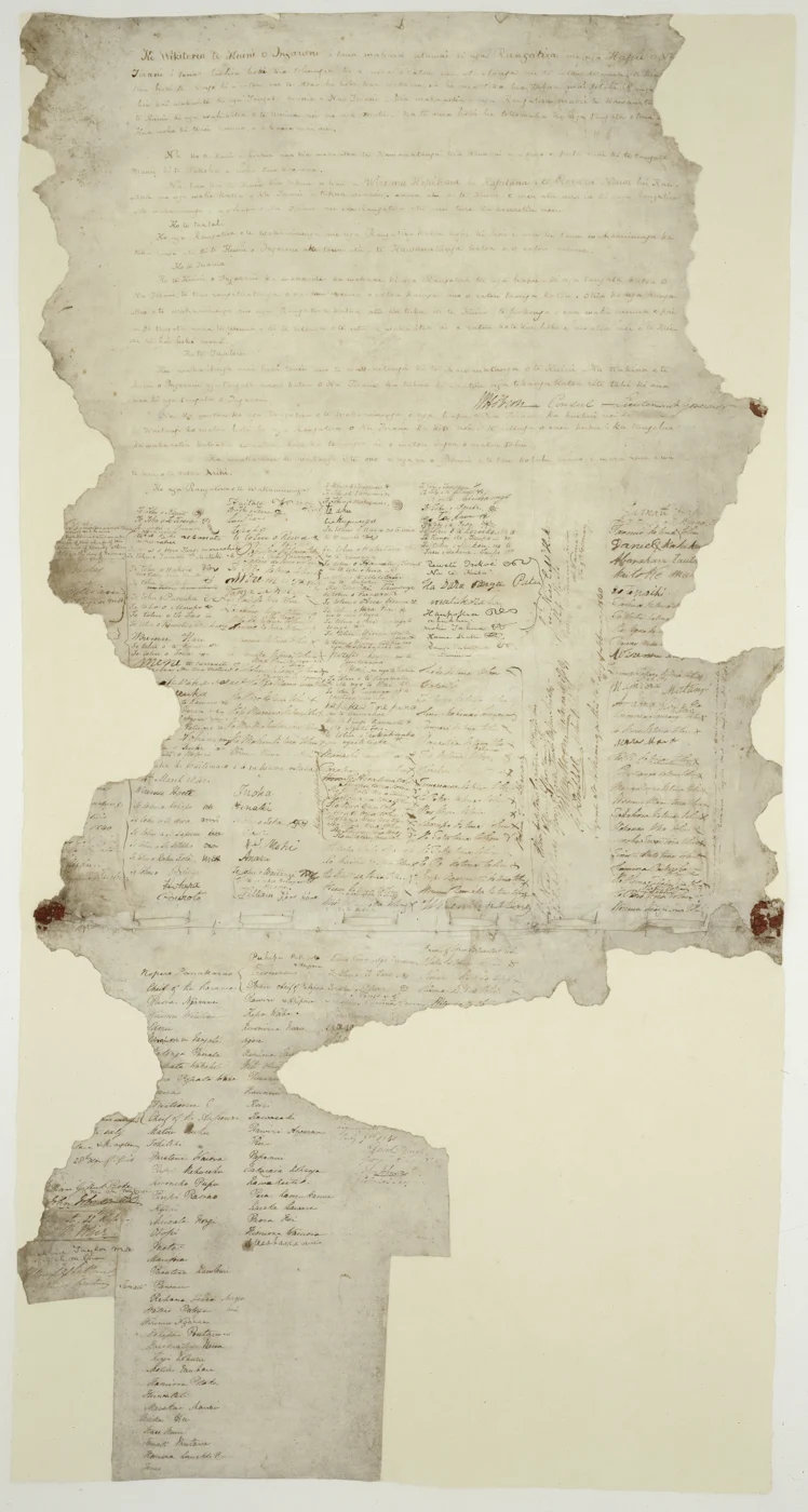 La feuille de Waitangi du traité : document historique reproduit.
