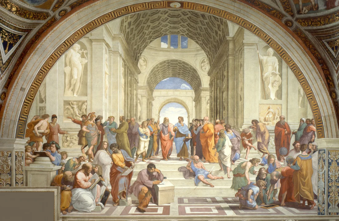 Dans une architecture monumentale, des philosophes antiques discutent, lisent et calculent.