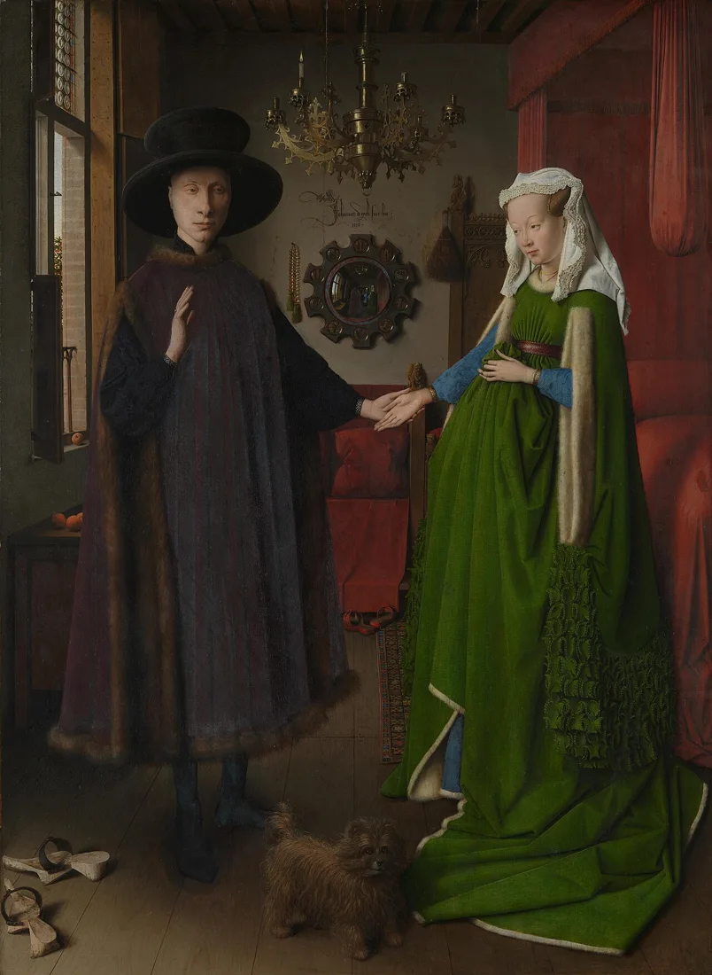 Deux personnages dans un intérieur, avec un miroir convexe, un lit rouge et un petit chien.